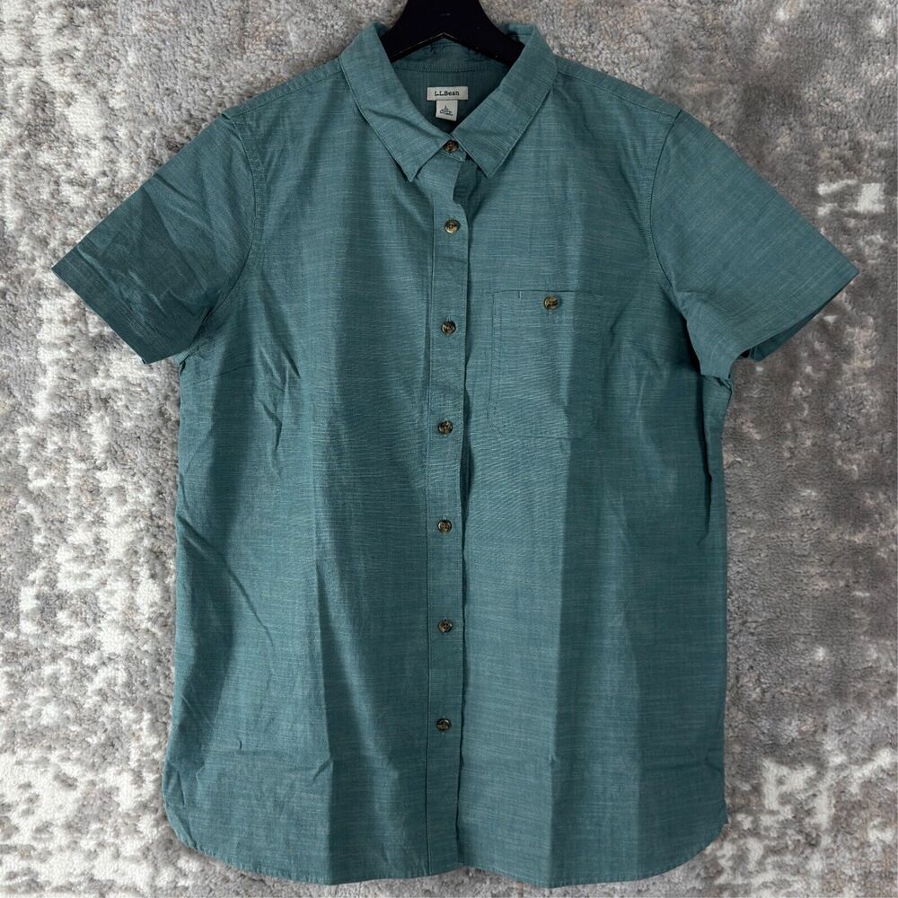 LL Bean Womens Size L Cotton Button Shirt Green Short Sleeve Casual Collared